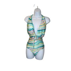 Blu C‎ Plunge Halter One-Piece 2X | Poly/Spandex | Pastel Wave | NWOT